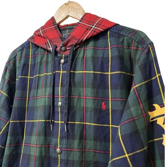 Polo Ralph Lauren Mens Plaid Hooded Snap Front Shirt Size XXL Green Preppy Logo - Picture 3 of 13